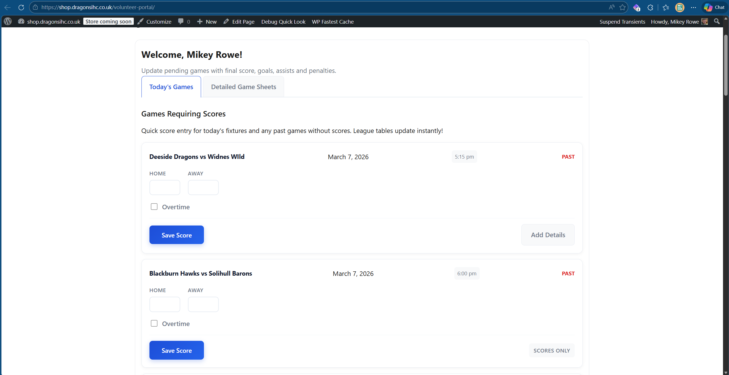 Volunteer portal update scores screen