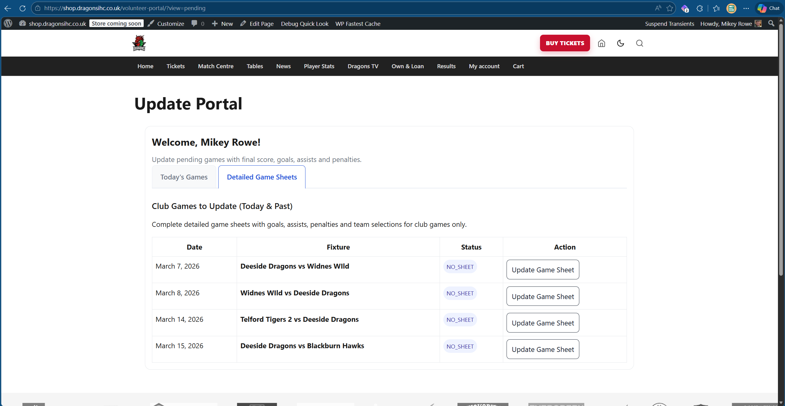 Select game sheet screen