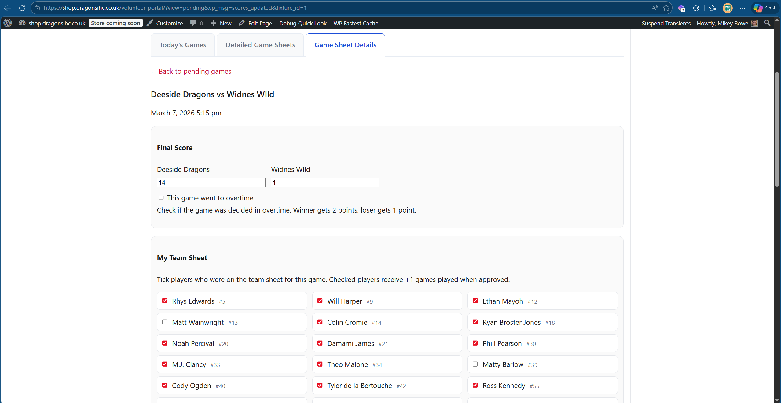 Check score and select players screen