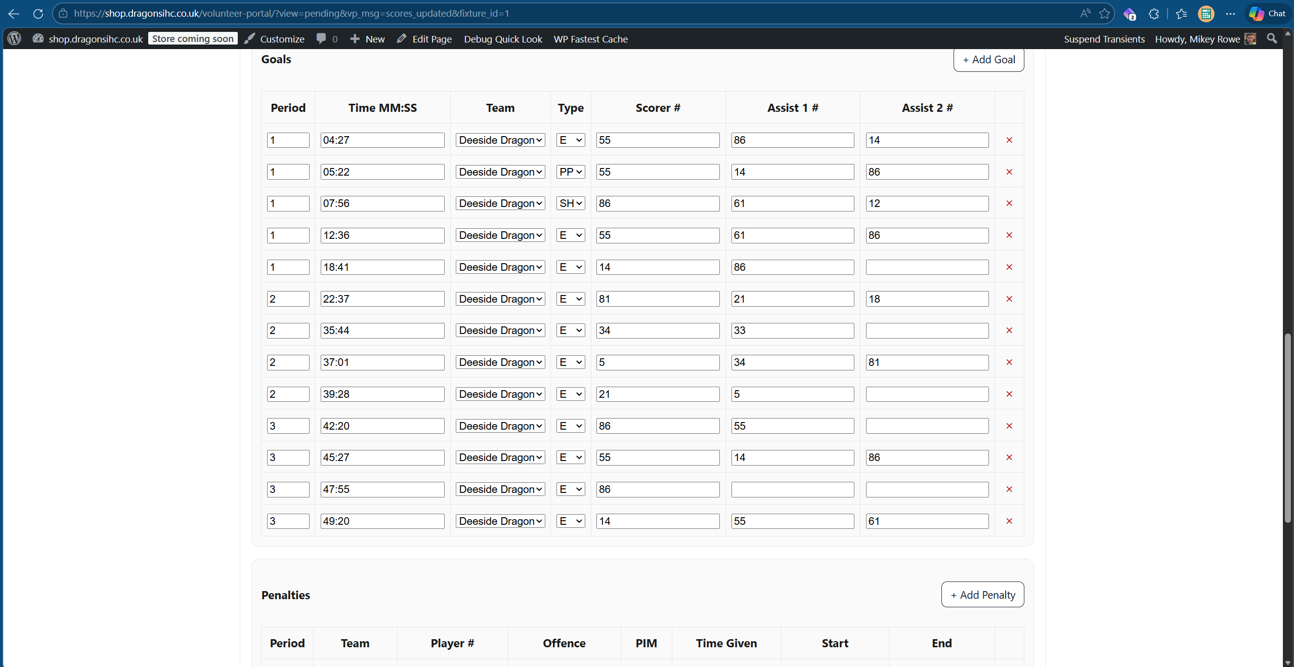 Update goals assists and penalties screen