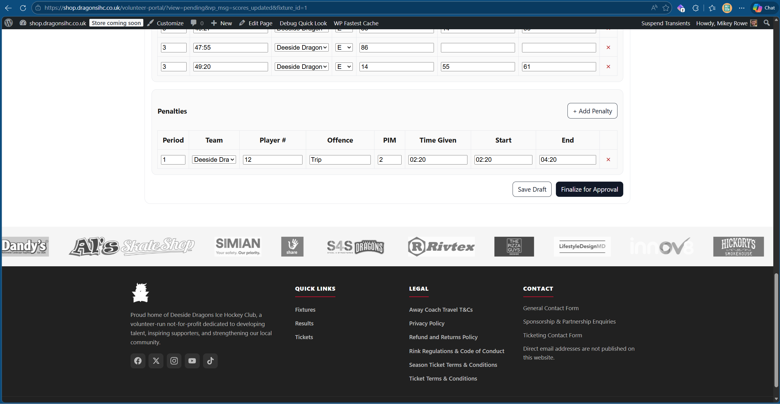 Finalise game sheet button